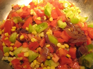 Green Tomatoes, Red Tomatoes, Purple Onions and Yellow Corn